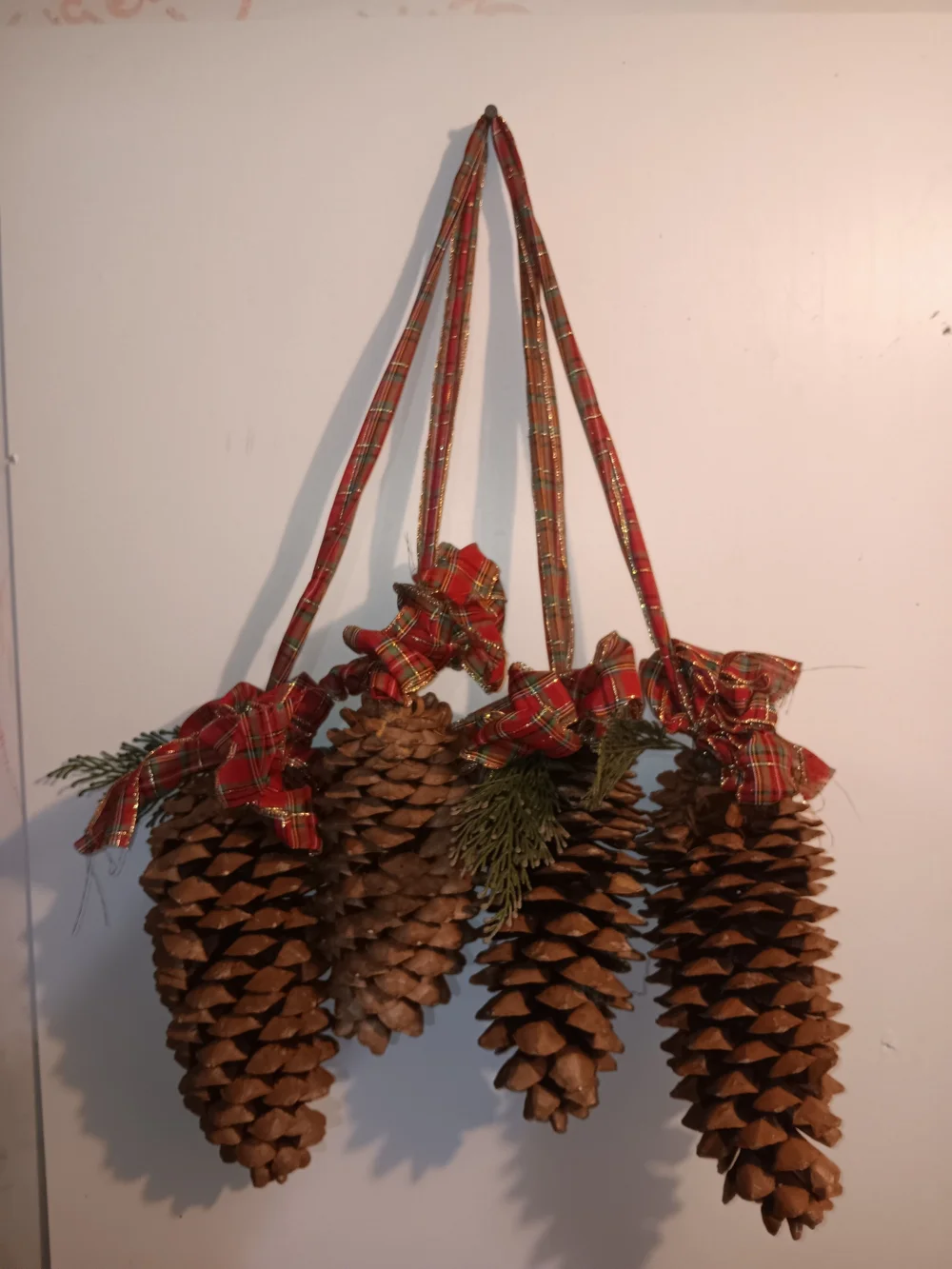 4 Natural Brown Sugar Pinecone Holiday Hanging Ornament with Red Plaid Ribbon